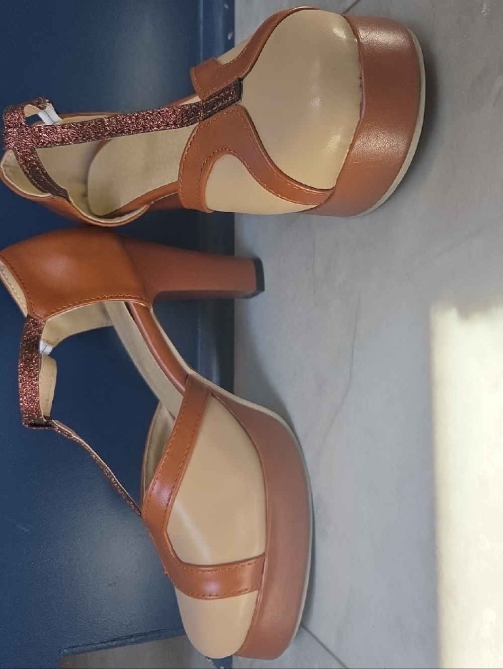 Platform T-Strap High Heels in Tan and Cream